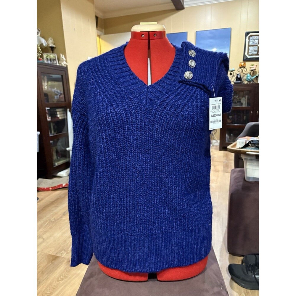 INC Sweater Womens Blue Sapphire Crush Long Sleeve V-Neck Pullover Sz Med